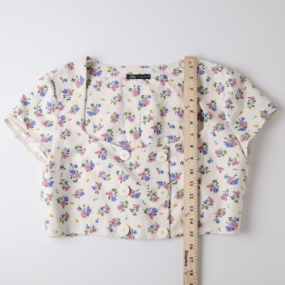 Zara Crop Blouse Top Womens L Romantic Floral Square Neck Cottage Retro Regency - Picture 3 of 7